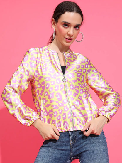 Yellow Animal Print Round Neck Long Sleeve Bomber Jacket