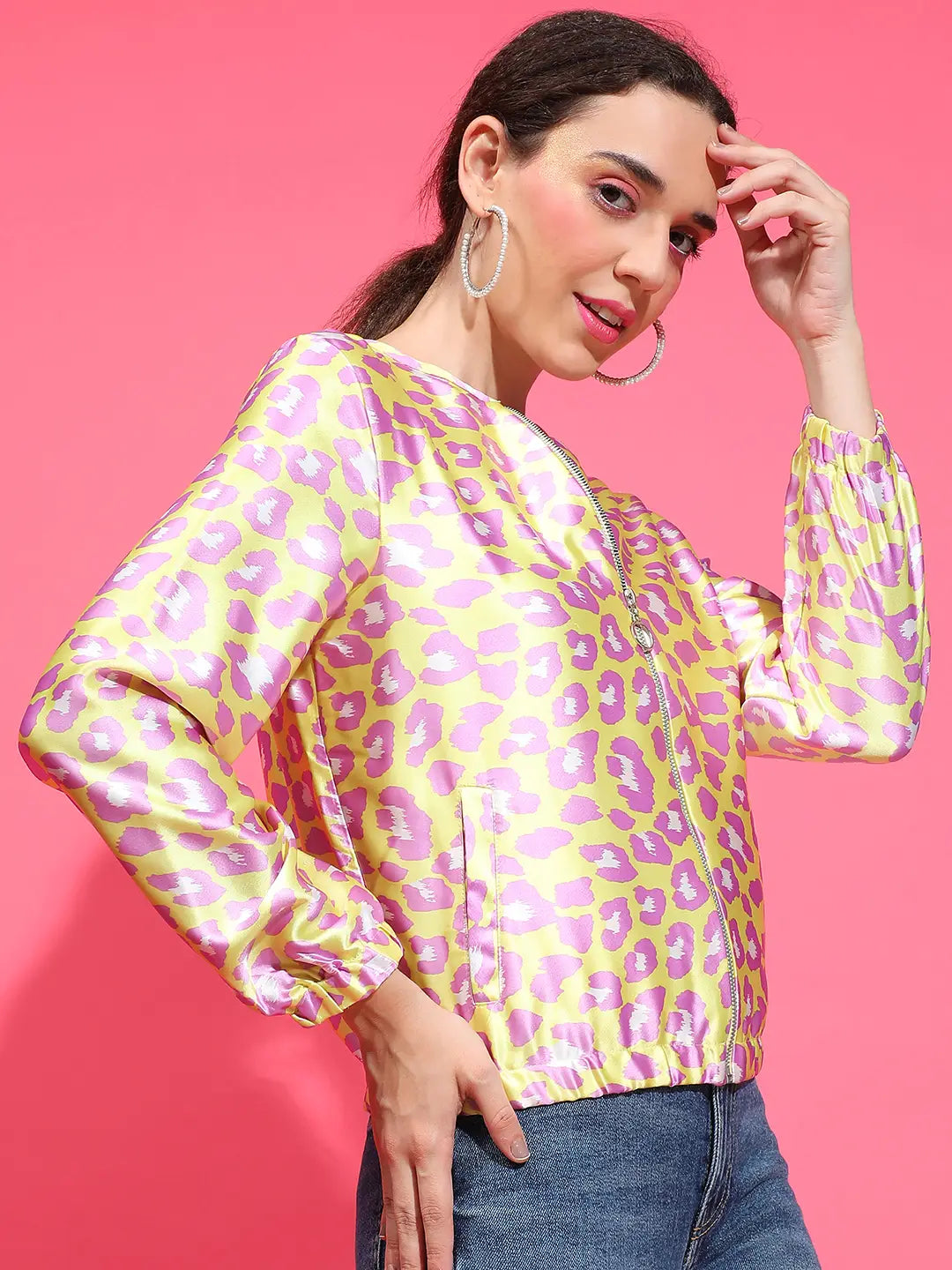 Yellow Animal Print Round Neck Long Sleeve Bomber Jacket