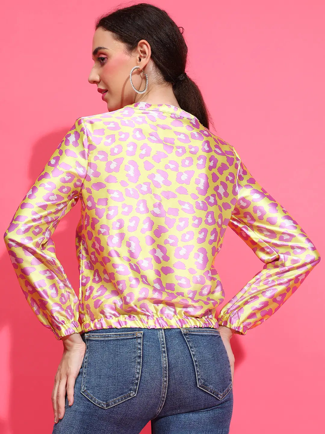 Yellow Animal Print Round Neck Long Sleeve Bomber Jacket