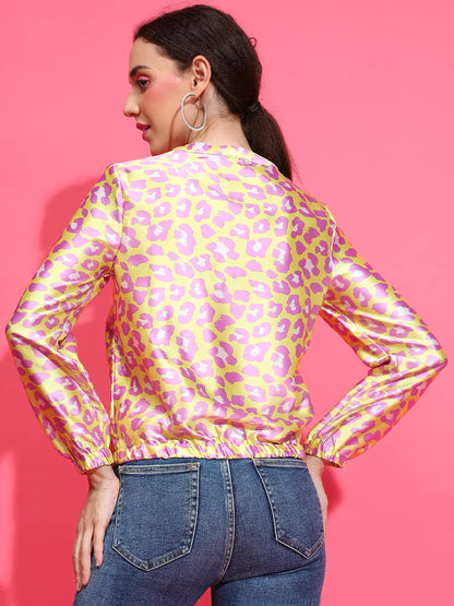 Yellow Animal Print Round Neck Long Sleeve Bomber Jacket