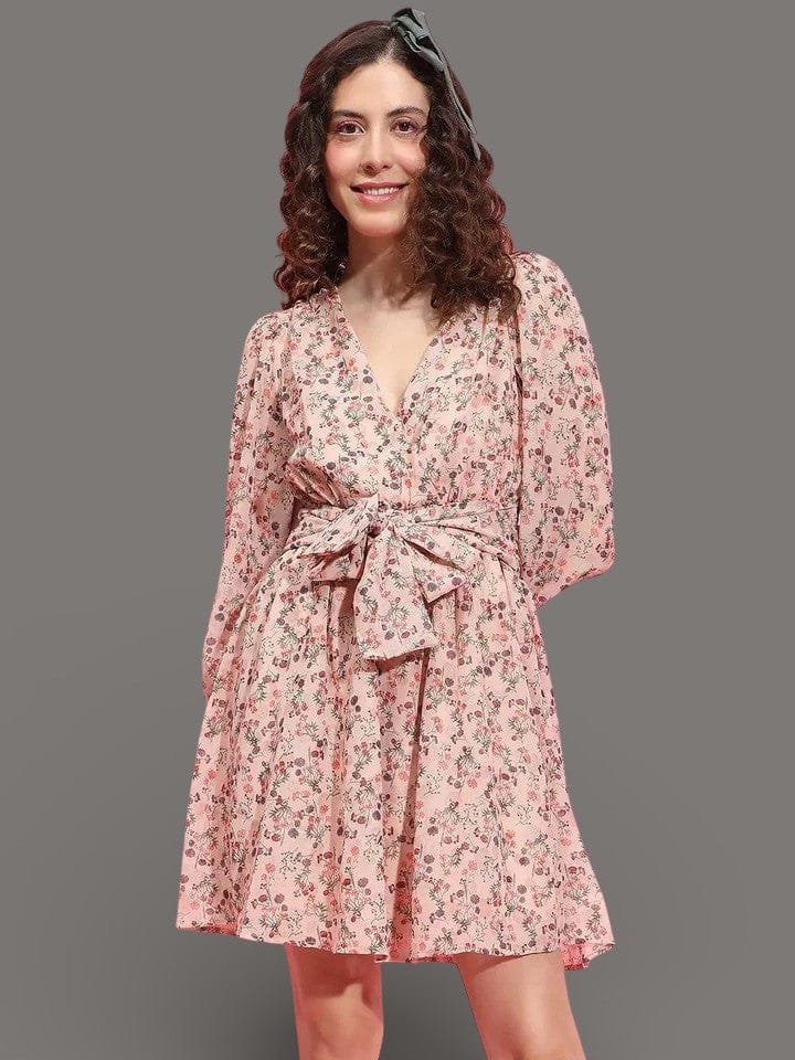 Peach Floral Dress - Women's Party Belted Floral Lurex Print Tie-Knot Waist