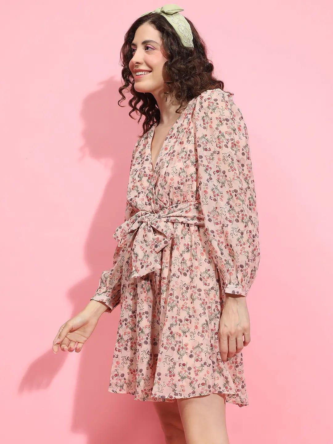 Whimsical Peach Floral Lurex Print Tie-Knot Belted Women Dress