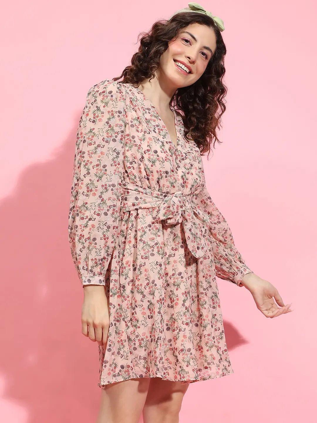 Whimsical Peach Floral Lurex Print Tie-Knot Belted Women Dress