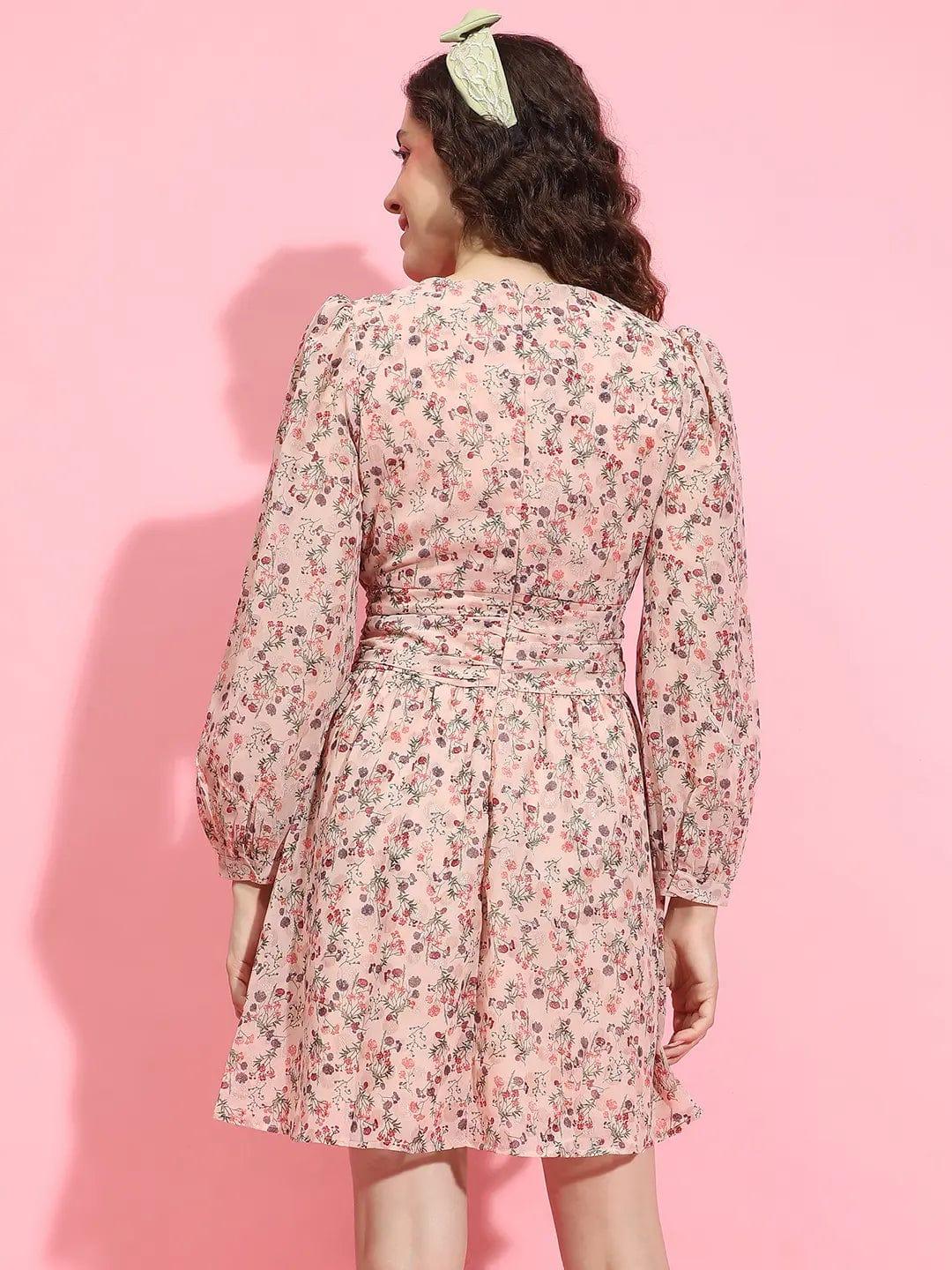 Whimsical Peach Floral Lurex Print Tie-Knot Belted Women Dress