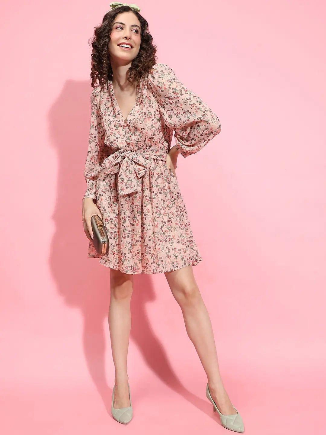 Whimsical Peach Floral Lurex Print Tie-Knot Belted Women Dress
