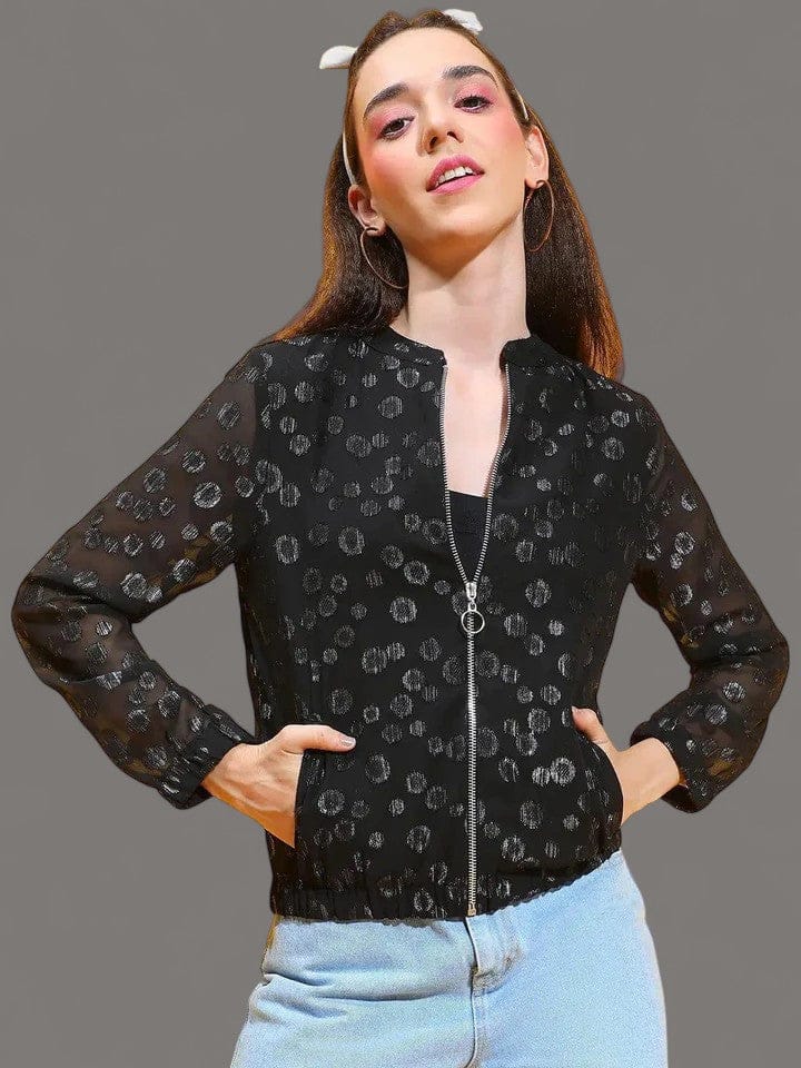 Black Foil Floral Print Round Neck Long Sleeve Winter Wear Bomber Jacket