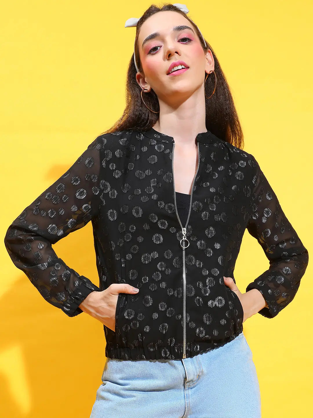 Black Foil Floral Print Round Neck Long Sleeve Bomber Jacket