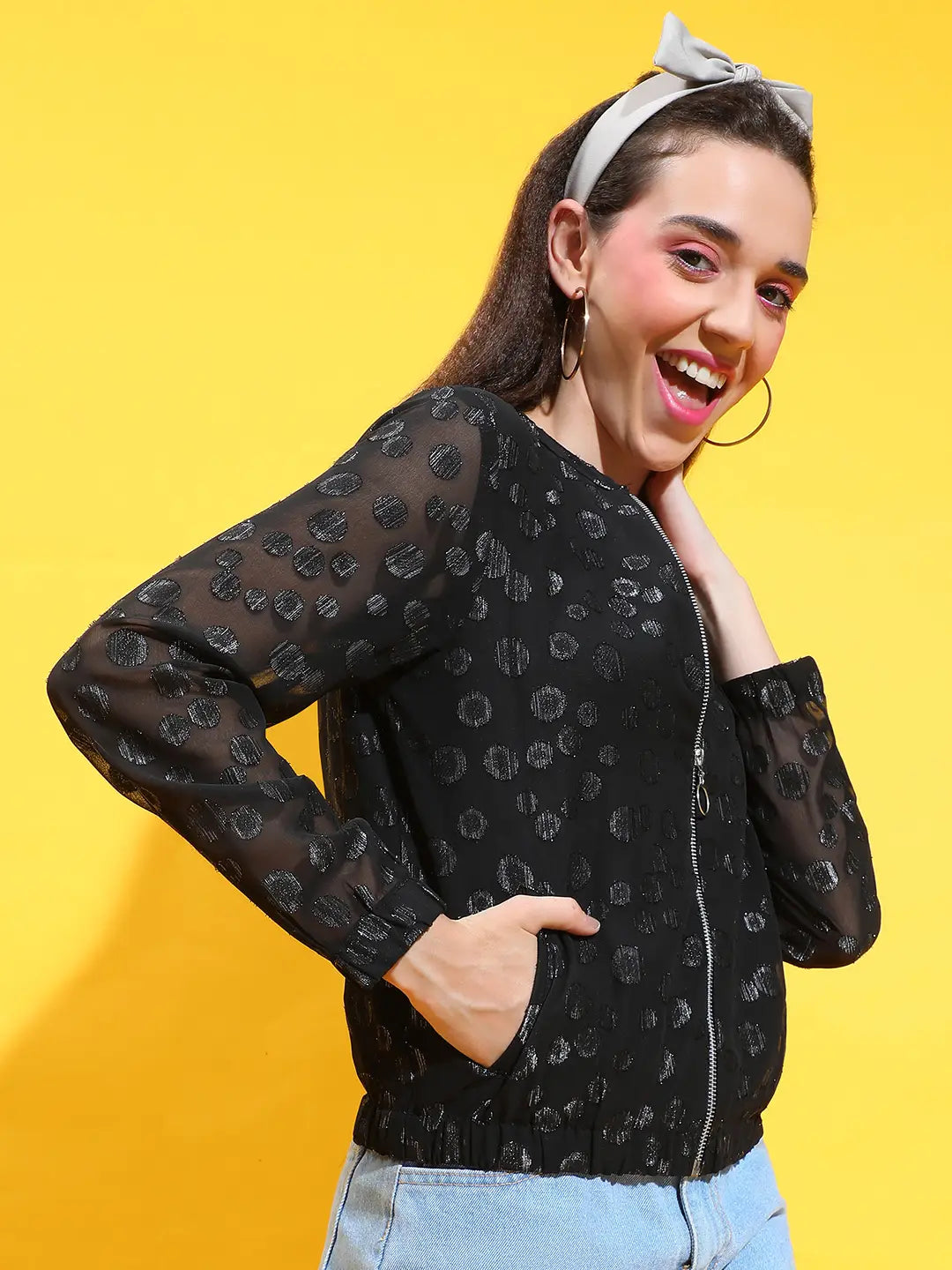 Black Foil Floral Print Round Neck Long Sleeve Bomber Jacket