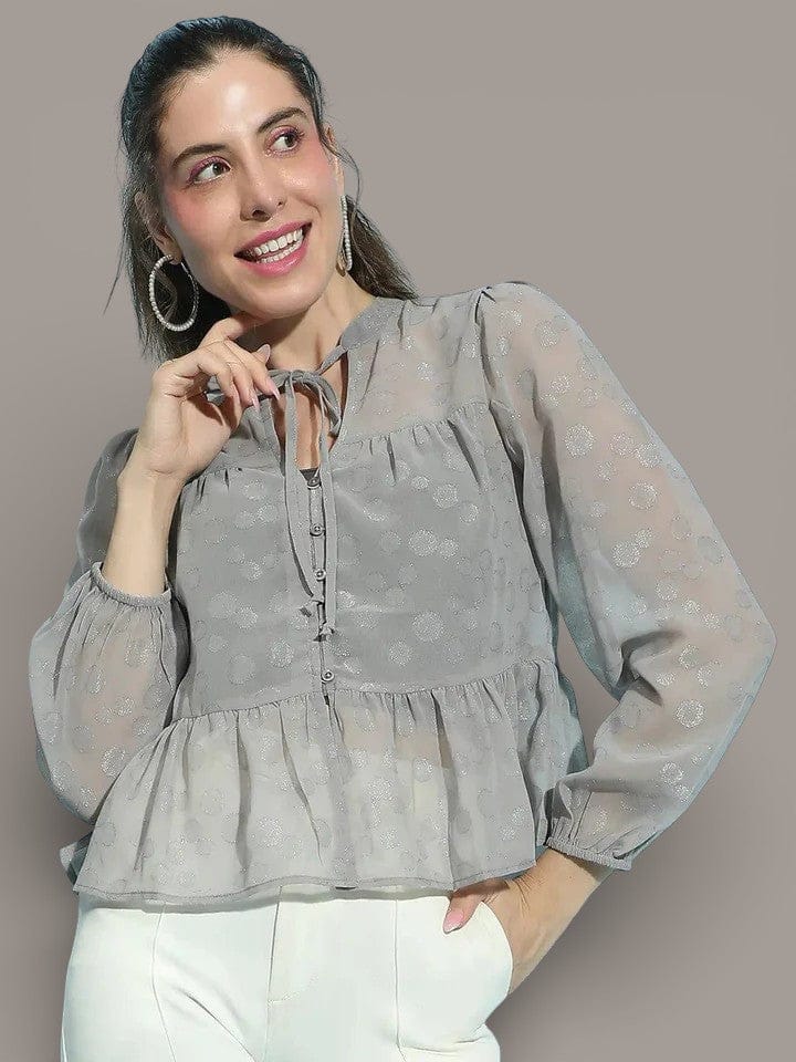 Blue Women Top - Stylish Casual Crop Top With Tie Knot & Lurex Print