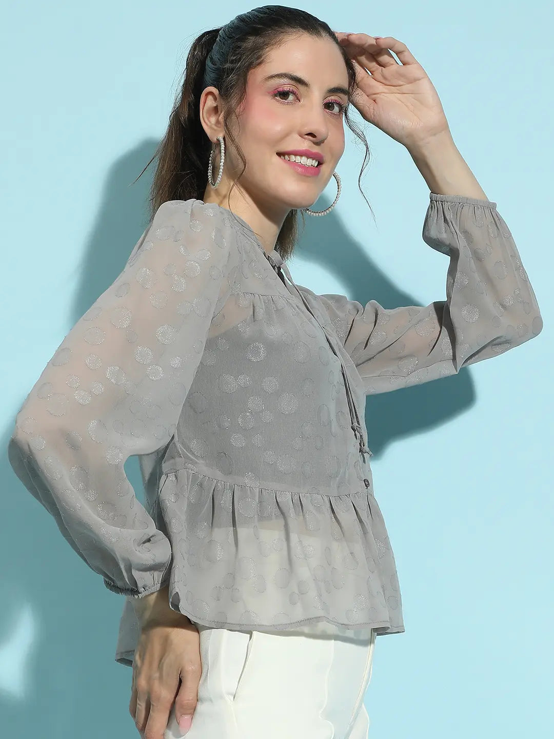 Glossy Grey Lurex Print Round Neck Tie-Knot Top