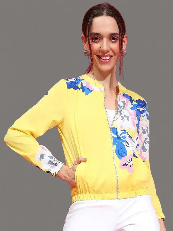 Women yellow floral print round neck zip lined long sleeve Winter Wear bomber jacket