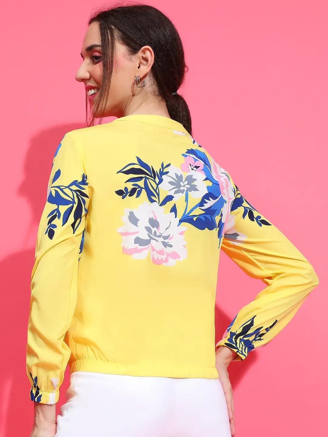 Women yellow floral print round neck zip lined long sleeve Winter Wear bomber jacket