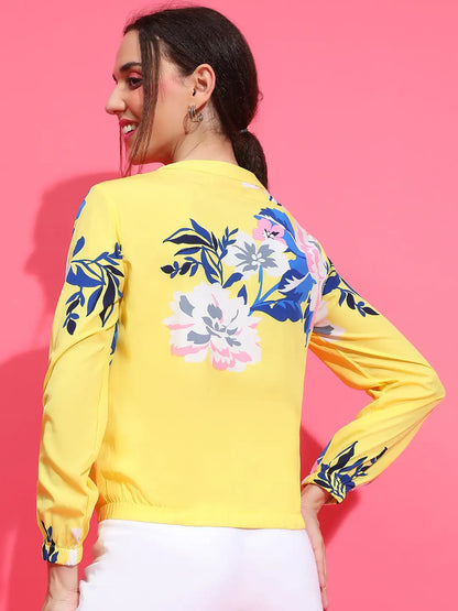 Women yellow floral print round neck zip lined long sleeve bomber jacket