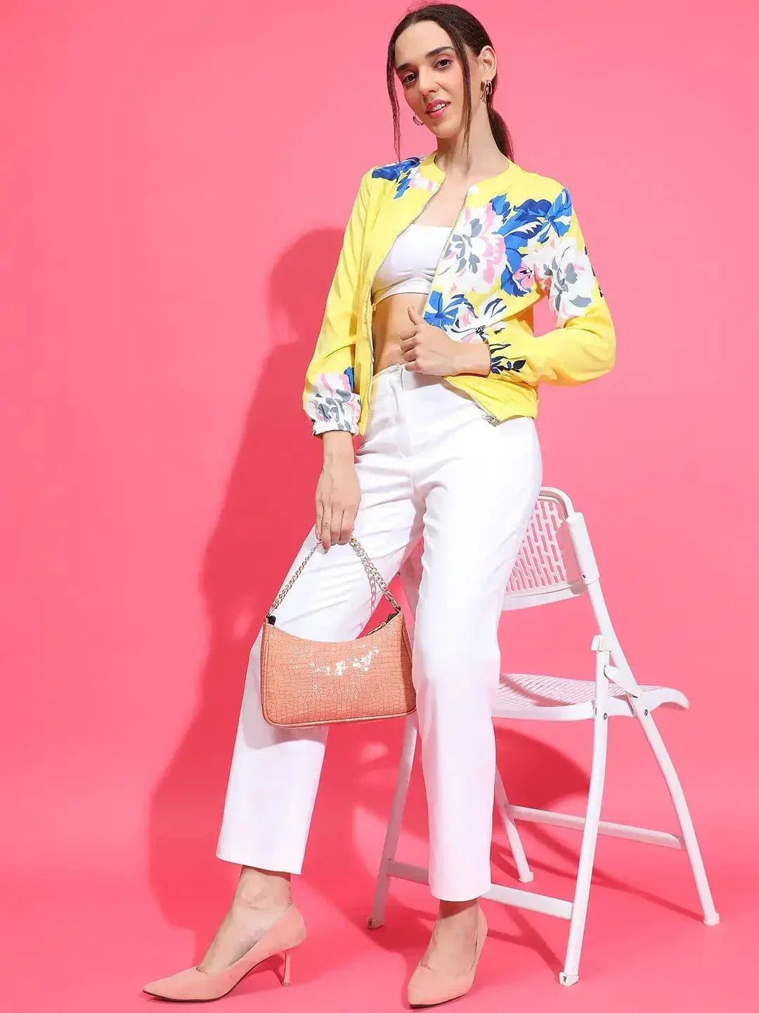 S Women yellow floral print round neck zip lined long sleeve Winter Wear  bomber jacket