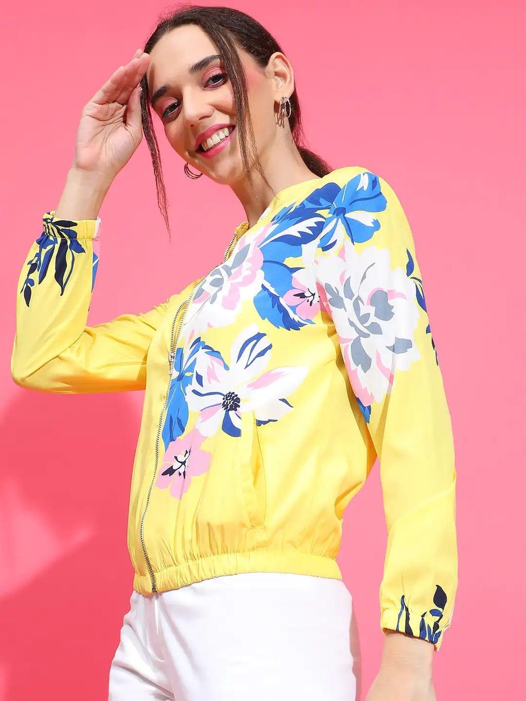 Women yellow floral print round neck zip lined long sleeve Winter Wear bomber jacket