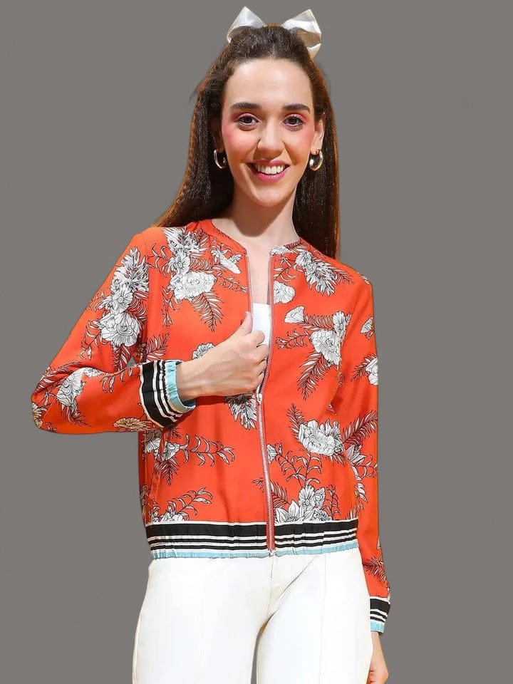 Rust Floral Print Bomber Jacket