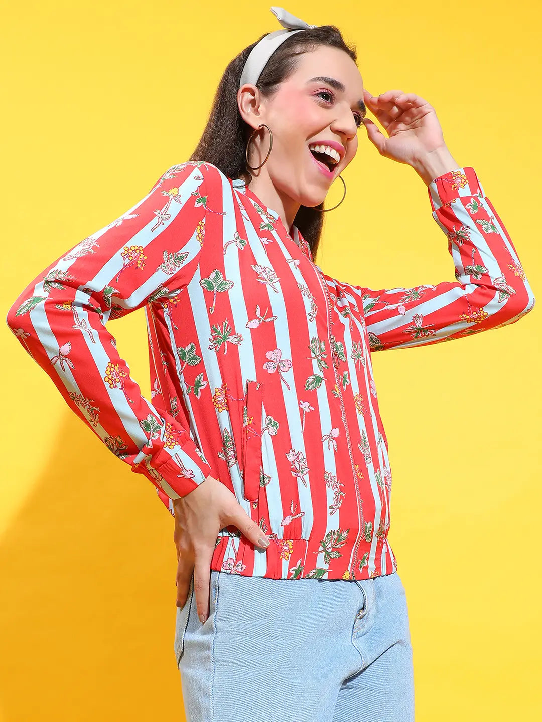 Red Floral Print Round Neck Zip Lined Long Sleeve Bomber Jacket