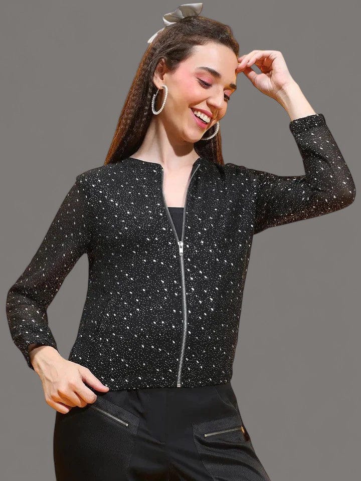 Black Foil Floral Print Round Neck Long Sleeve Winter Wear Bomber Jacket