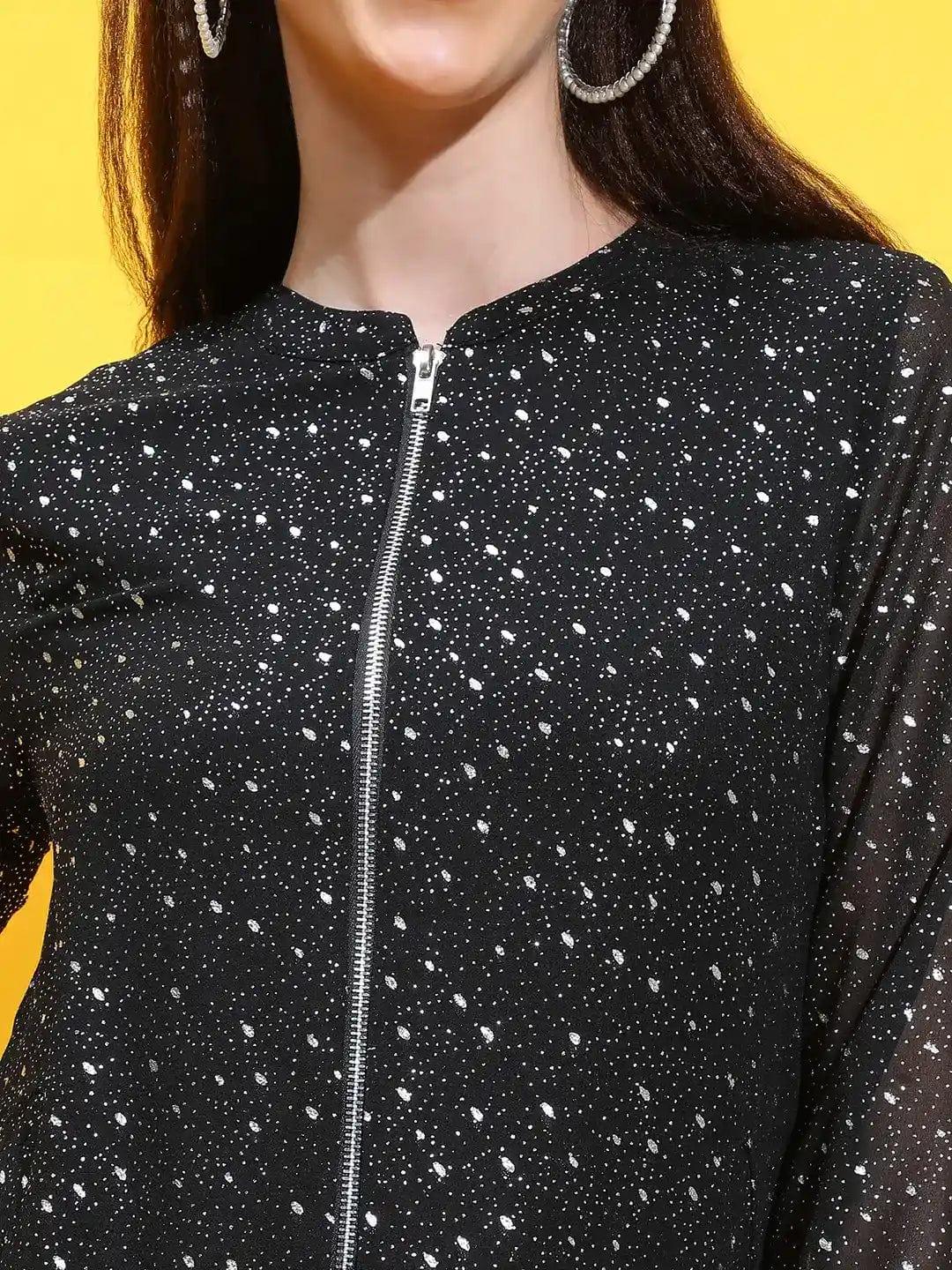 Black Foil Floral Print Round Neck Long Sleeve Winter Wear Bomber Jacket