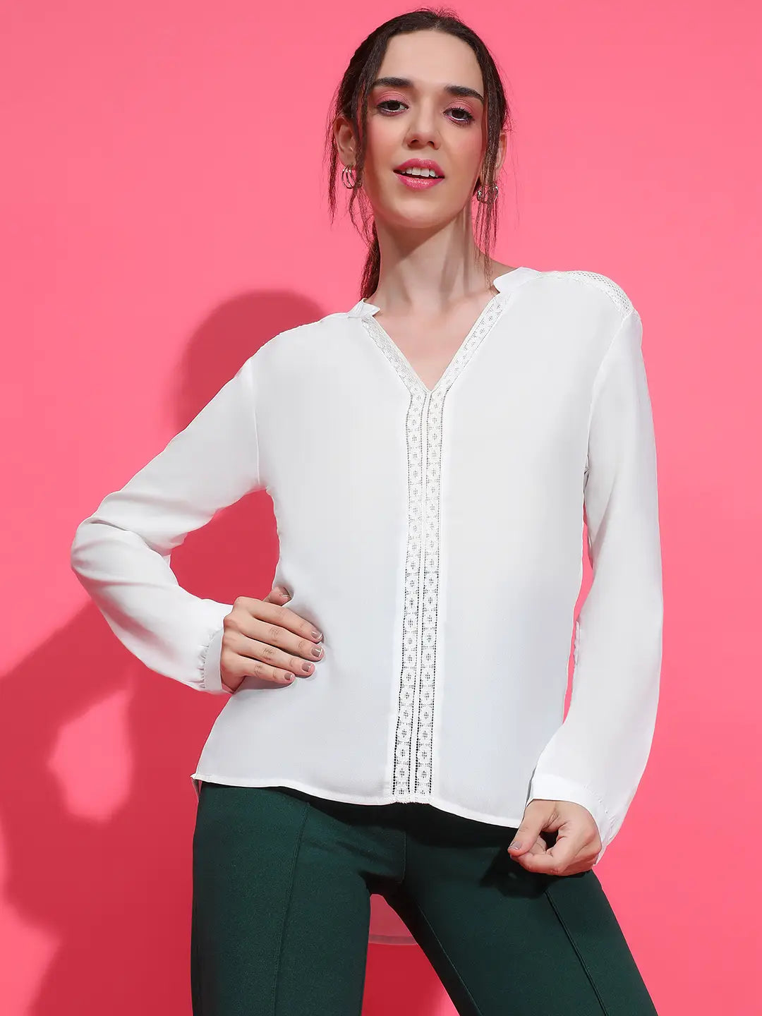 Delight White Long Sleeve Lace Detailed Women Top