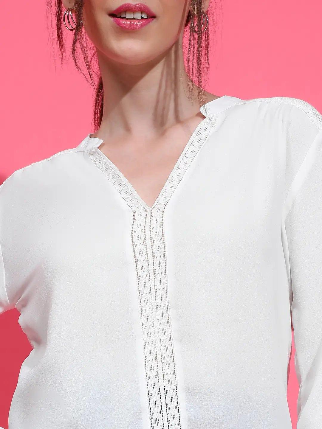 Delight White Long Sleeve Lace Detailed Women Top