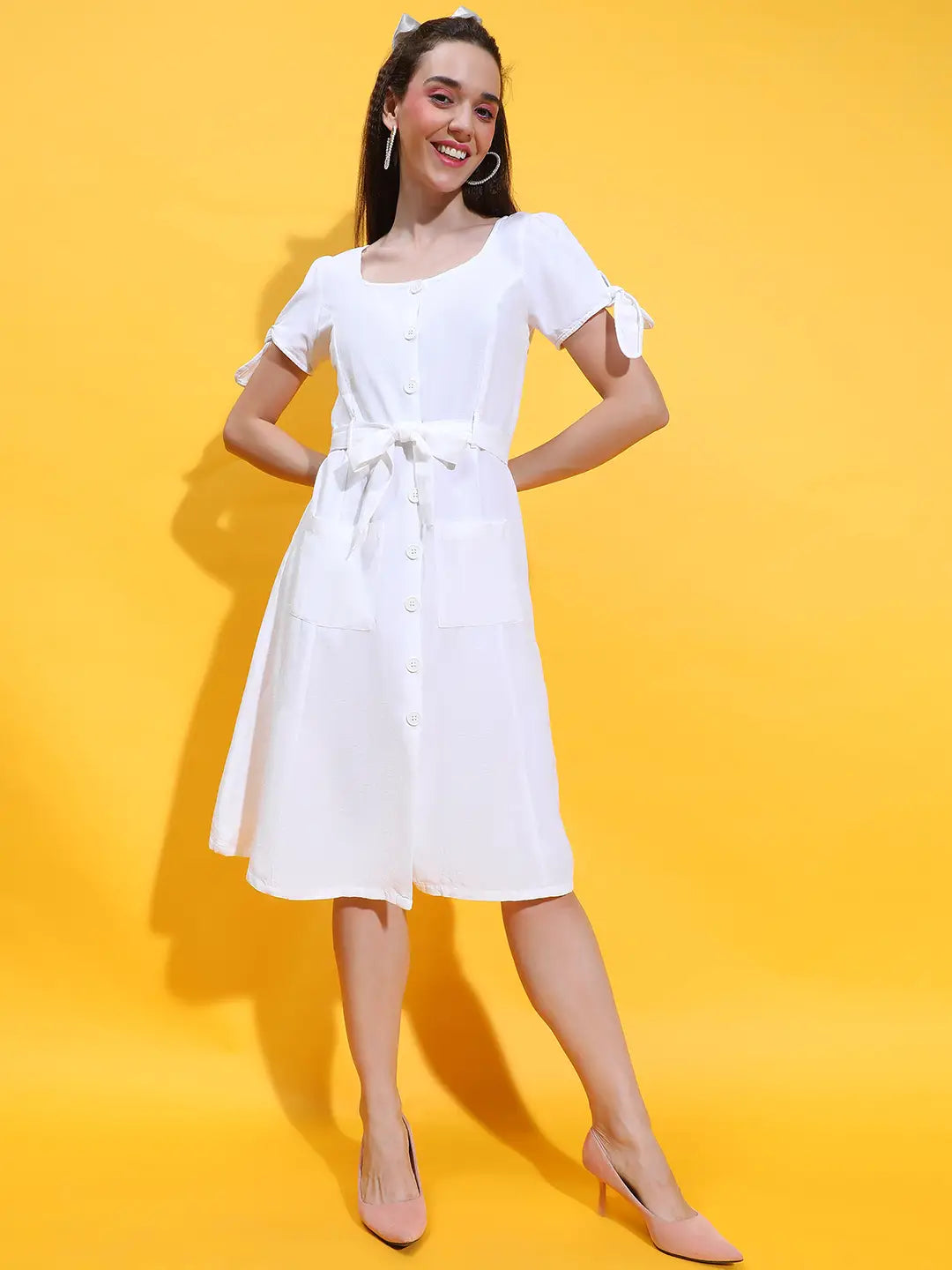 Ferry White Button Down Belted Cotton Women Dress