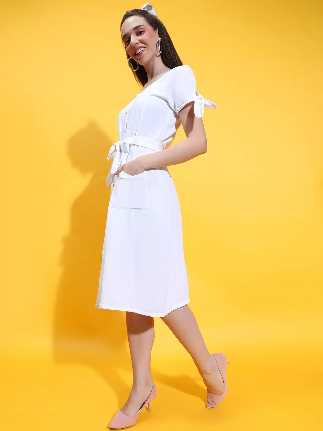 Ferry White Button Down Belted Cotton Women Dress