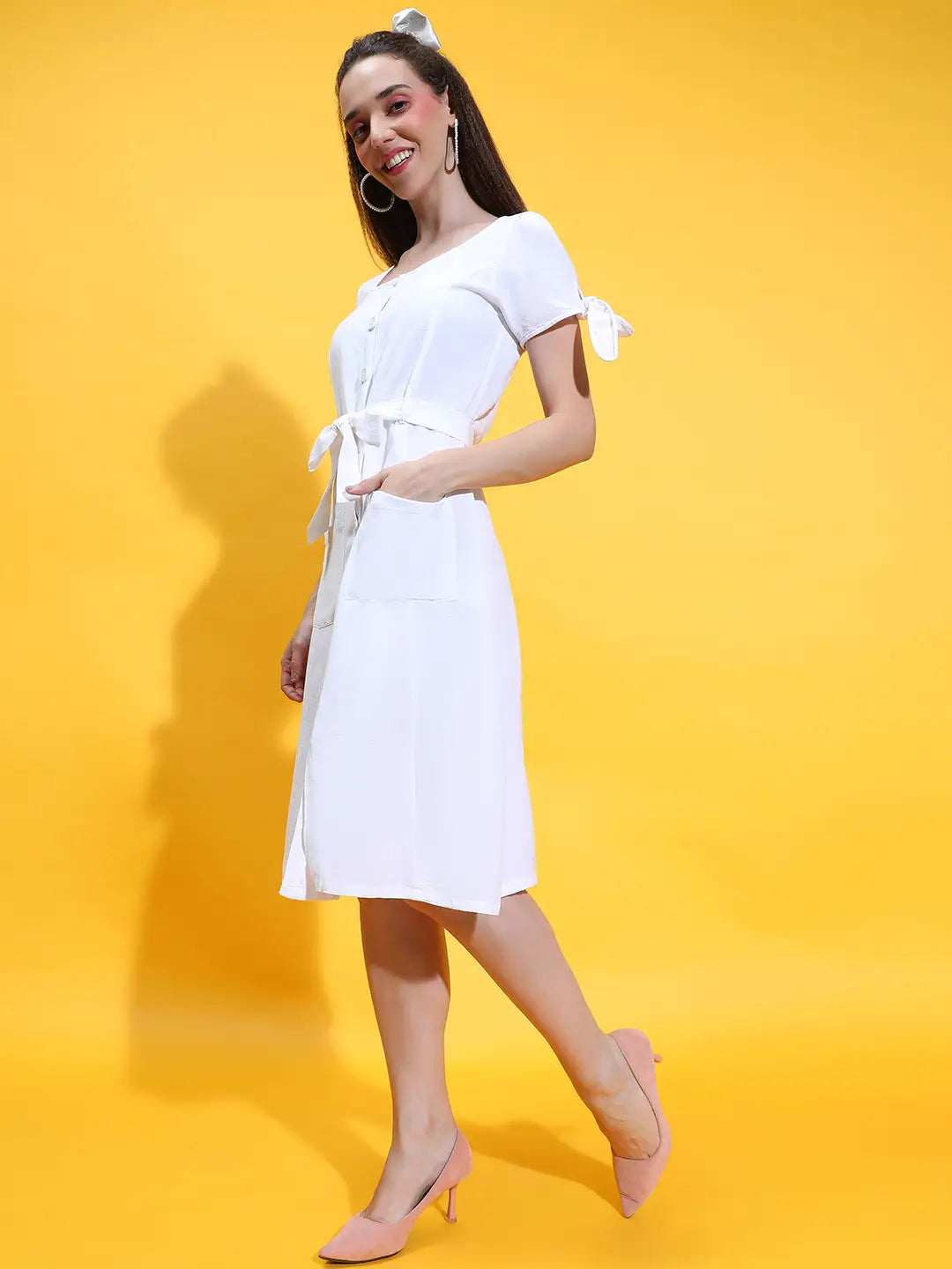 Ferry White Button Down Belted Cotton Women Dress