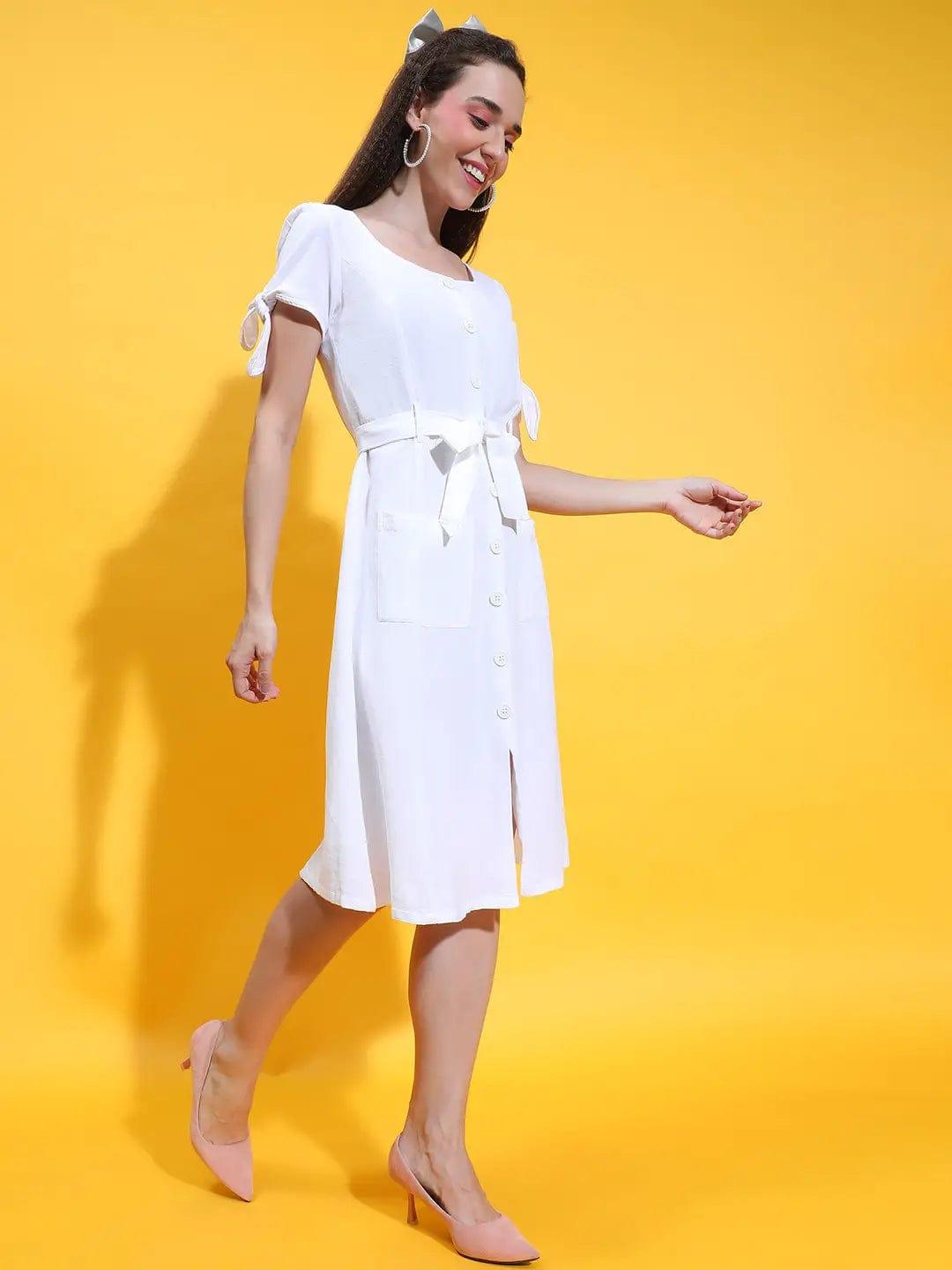 Ferry White Button Down Belted Cotton Women Dress