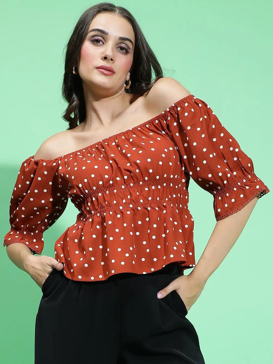 Brown Bliss Polka Dot Print Off-Shoulder Women Top