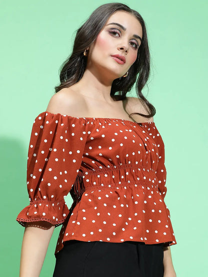 Brown Bliss Polka Dot Print Off-Shoulder Women Top