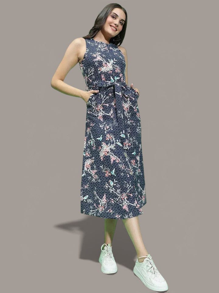 Navy Floral Print Cotton Dress
