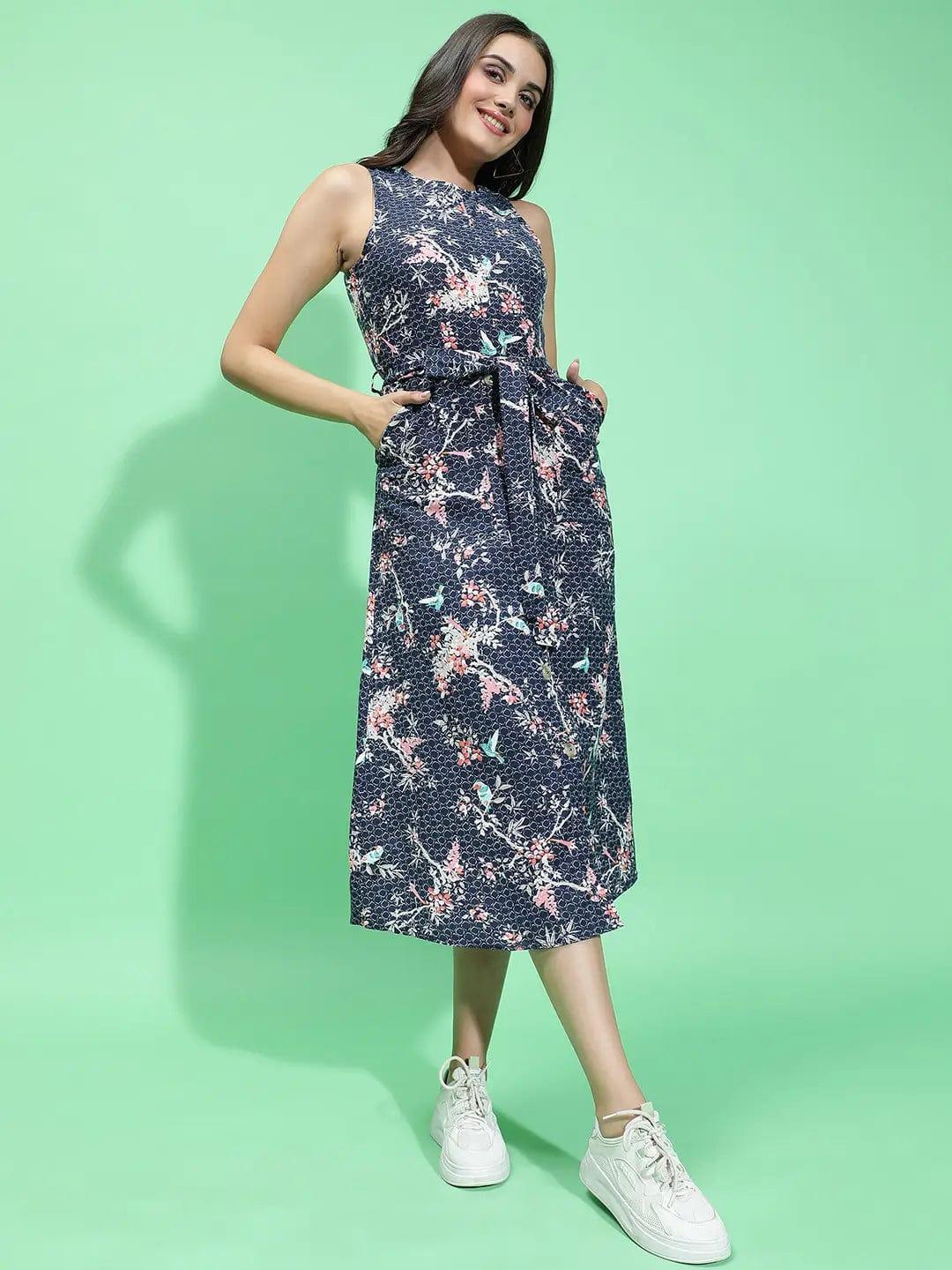 Navy Bloom Sleeveless Floral Print Belt Maxi Women Dress