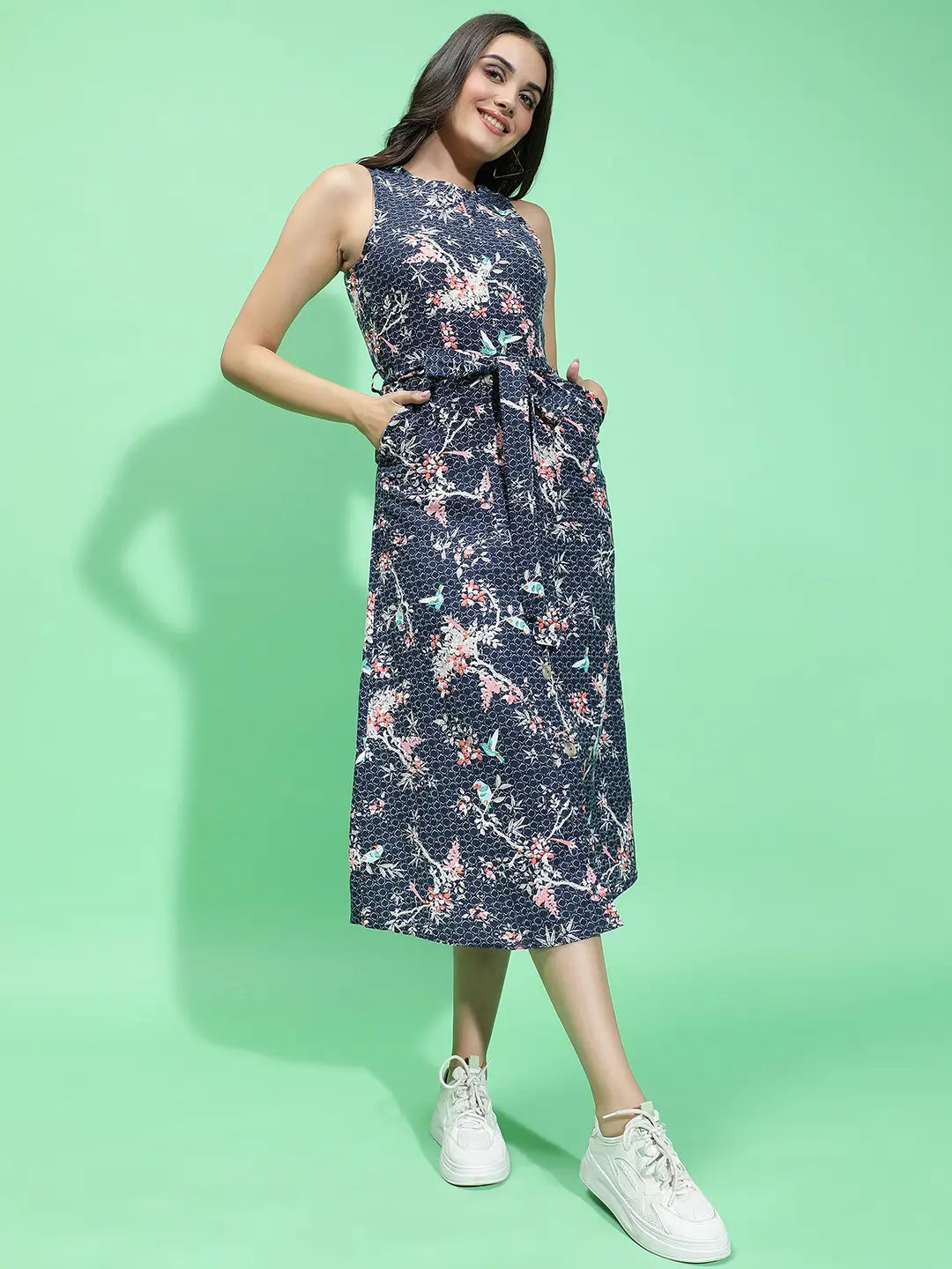 Navy Bloom Sleeveless Floral Print Belt Maxi Dress