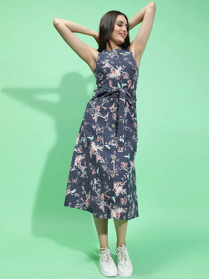 Navy Bloom Sleeveless Floral Print Belt Maxi Dress