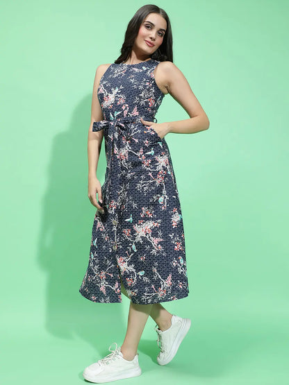 Navy Bloom Sleeveless Floral Print Belt Maxi Dress