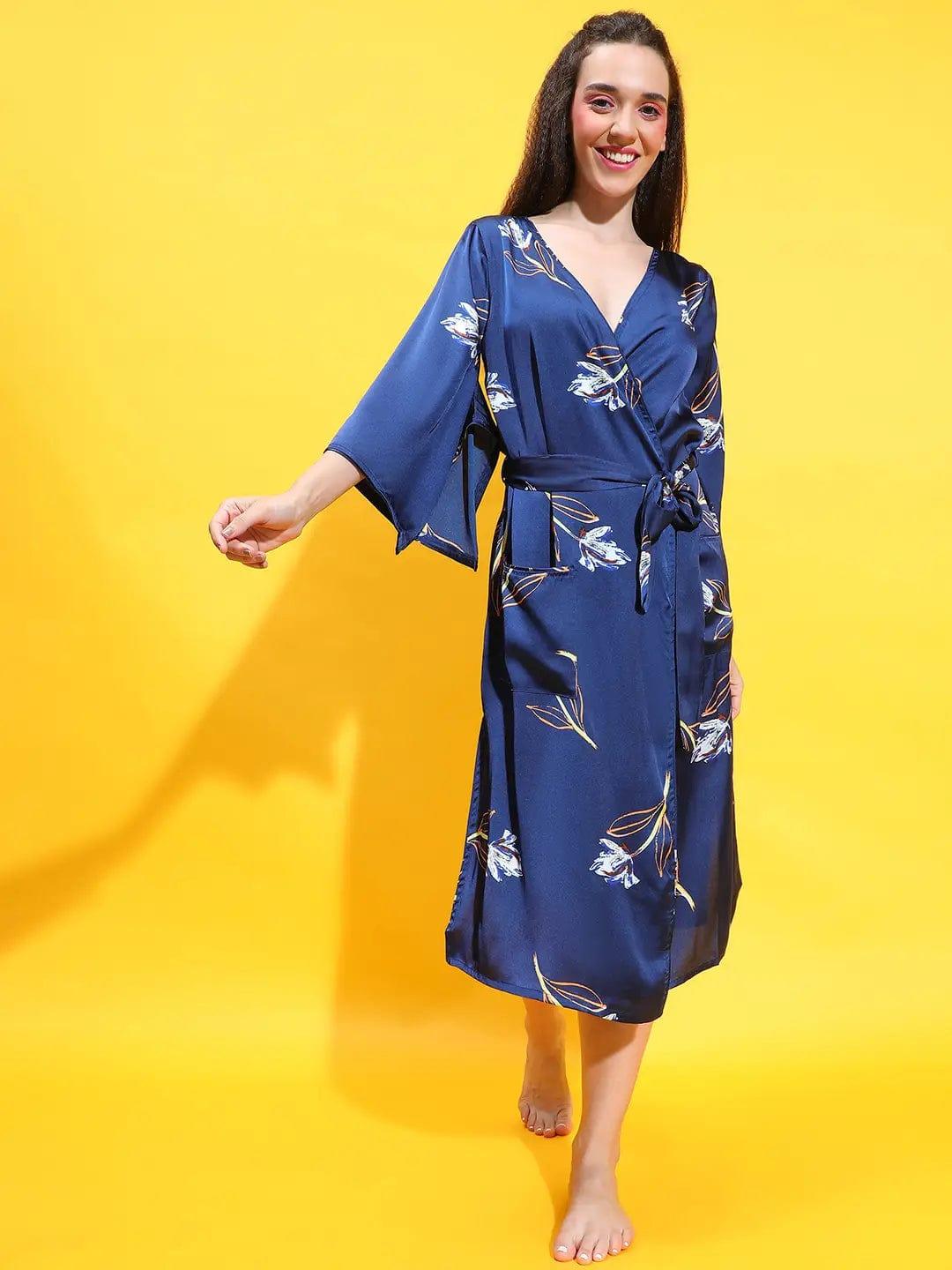 Starlit Navy Blue Floral Print Women Nightwear Comfy Dress