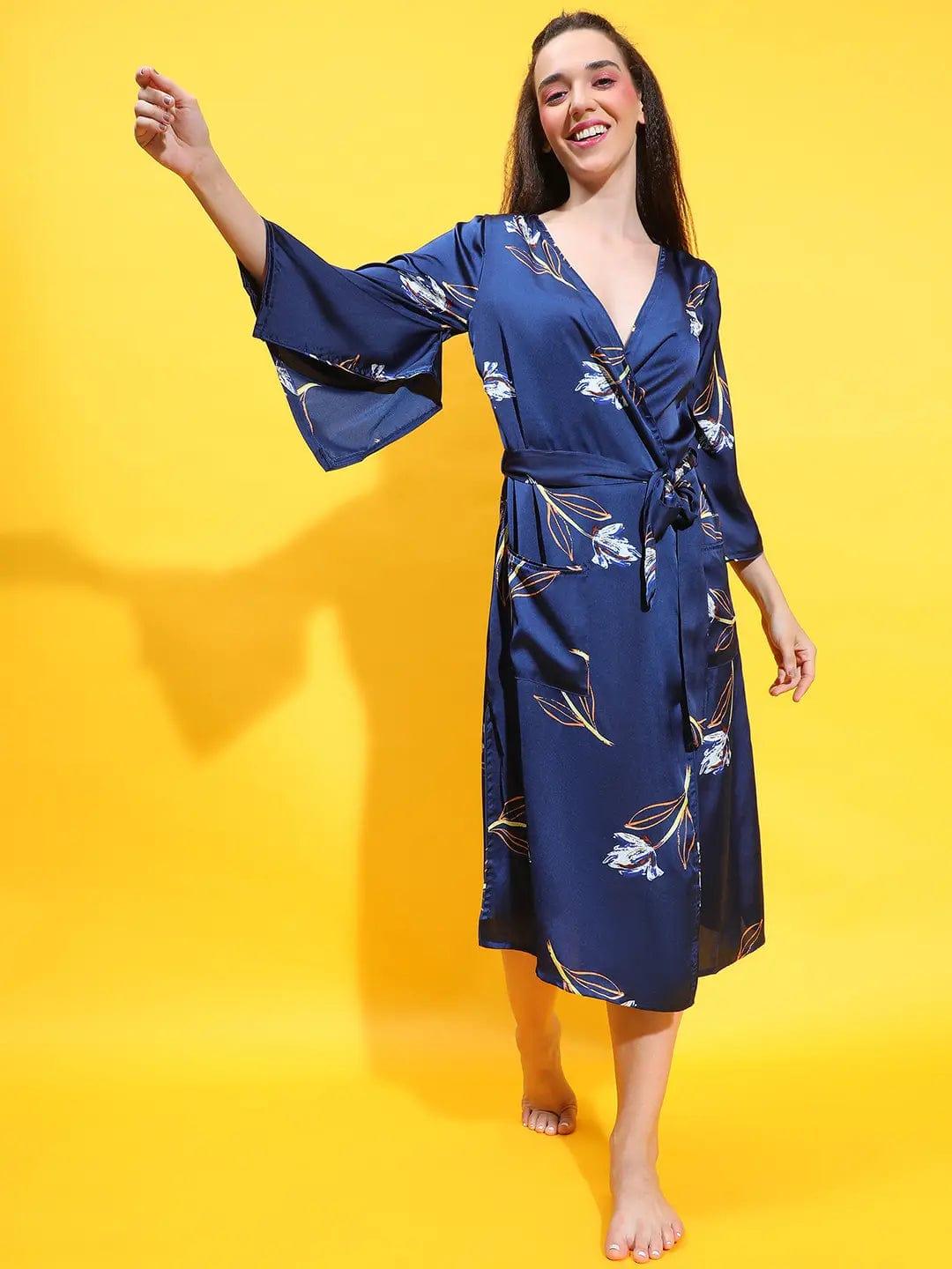 Starlit Navy Blue Floral Print Women Nightwear Comfy Dress