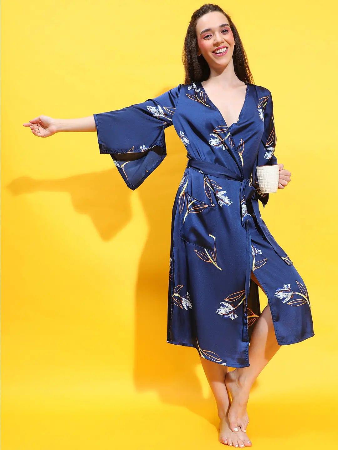 Starlit Navy Blue Floral Print Women Nightwear Comfy Dress