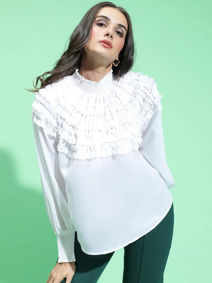 Snowy White Smocked Top with Frill Detail for Women