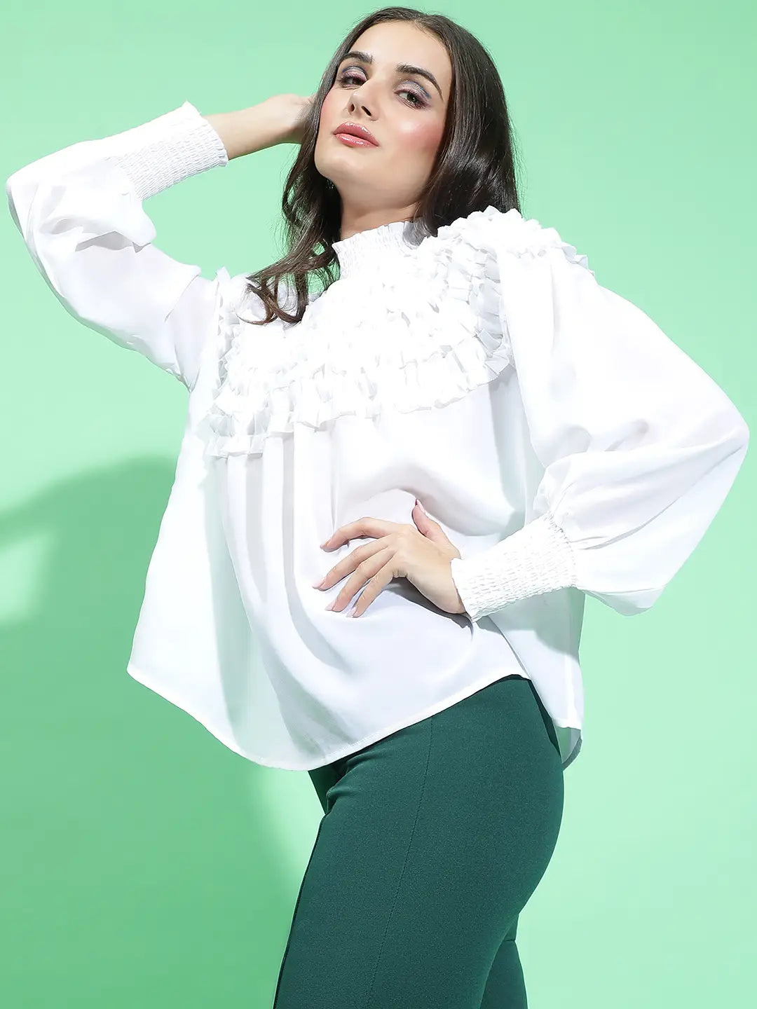 Snowy White Smocked Top with Frill Detail for Women