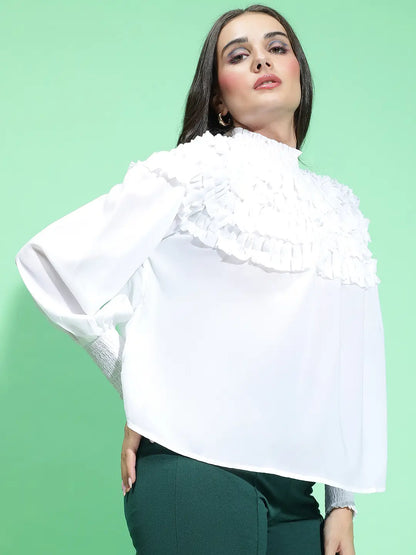 Snowy White Smocked Top with Frill Detail for Women