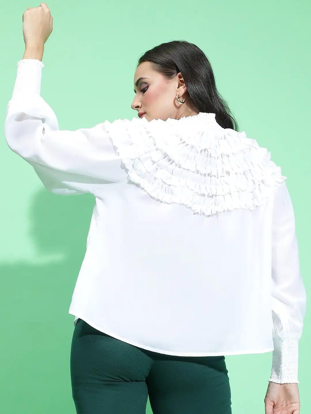 Snowy White Smocked Top with Frill Detail for Women