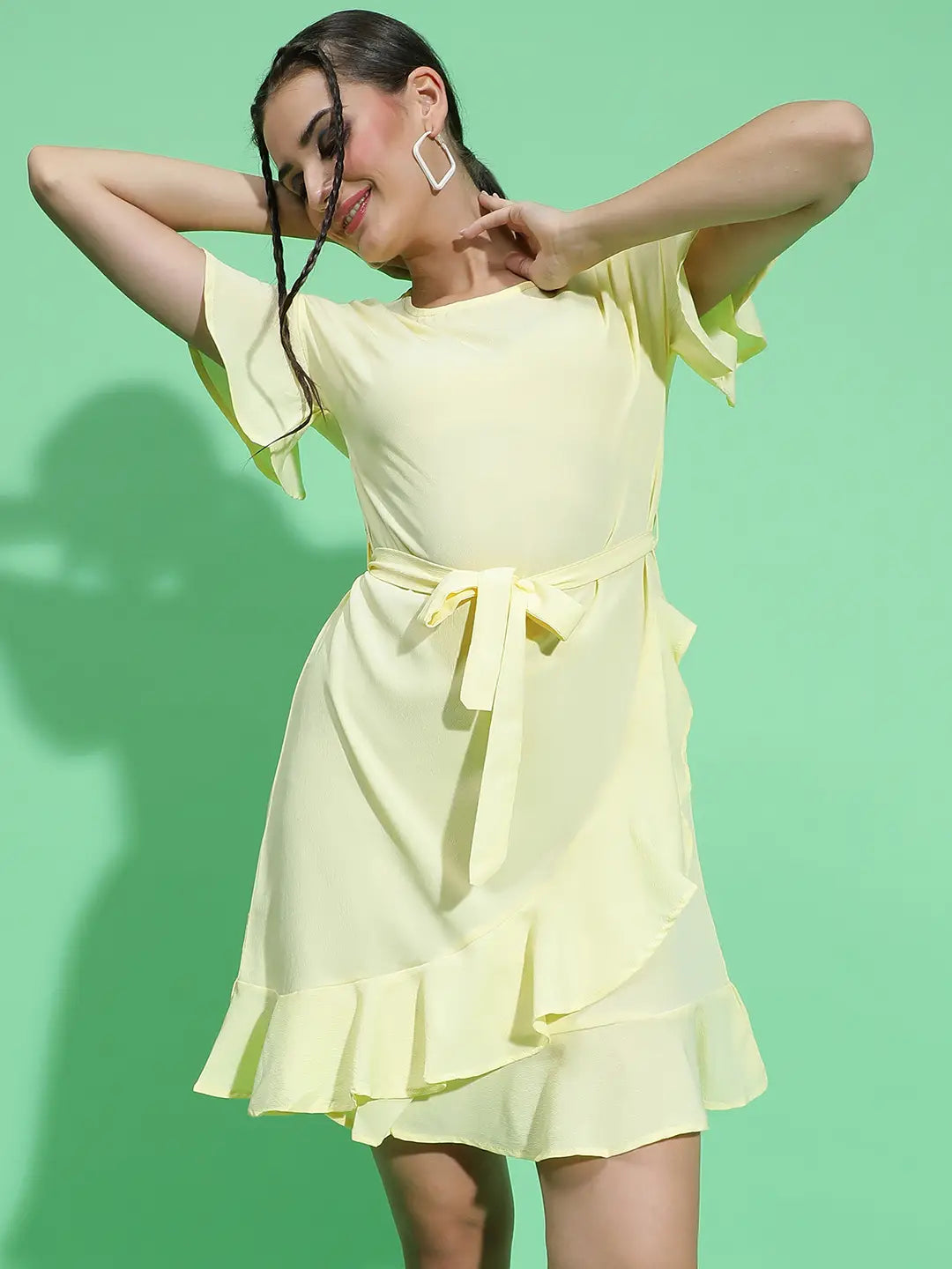 Glowed Yellow Belted and Ruffle Detail Women Dress