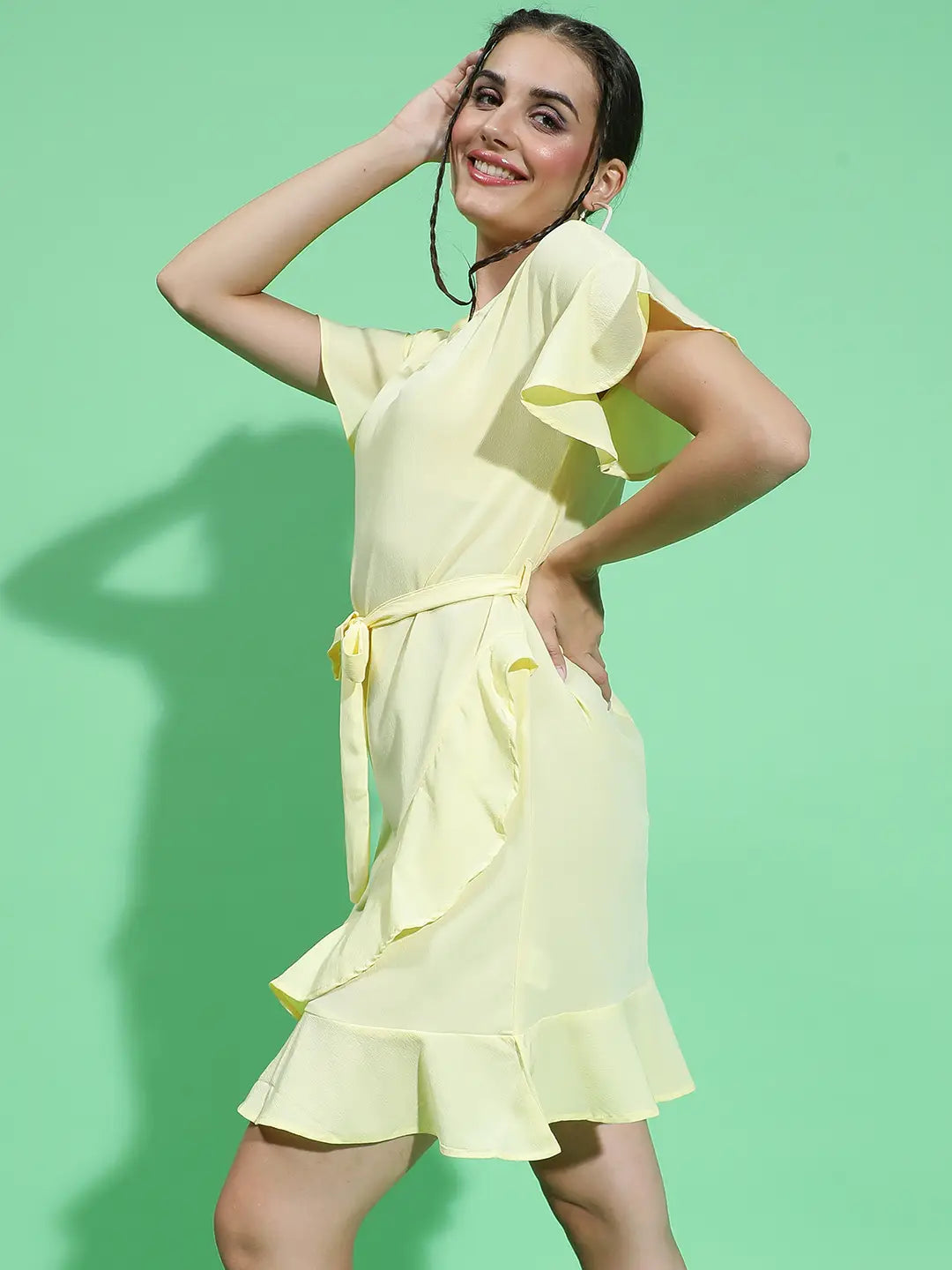 Glowed Yellow Belted and Ruffle Detail Women Dress