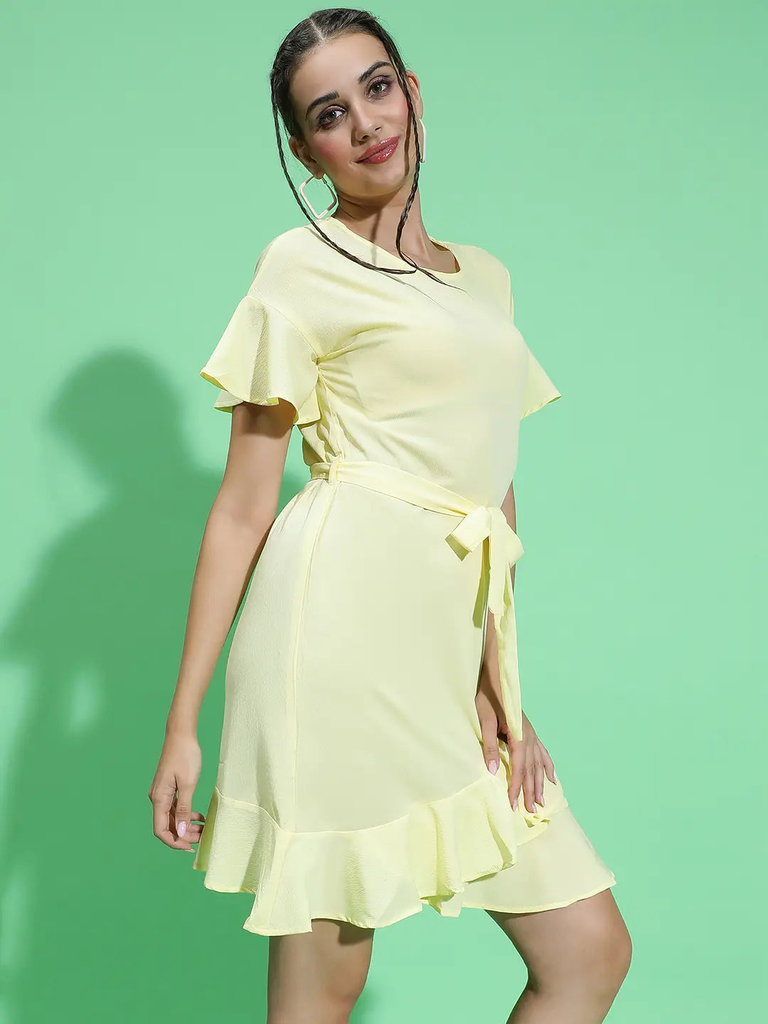 Glowed Yellow Belted and Ruffle Detail Women Dress