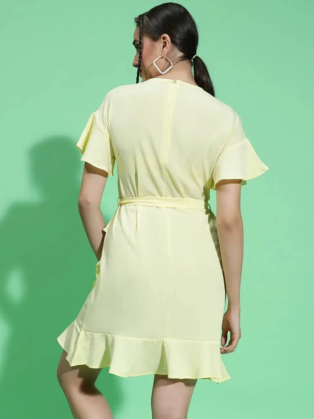 Glowed Yellow Belted and Ruffle Detail Women Dress - oxolloxo