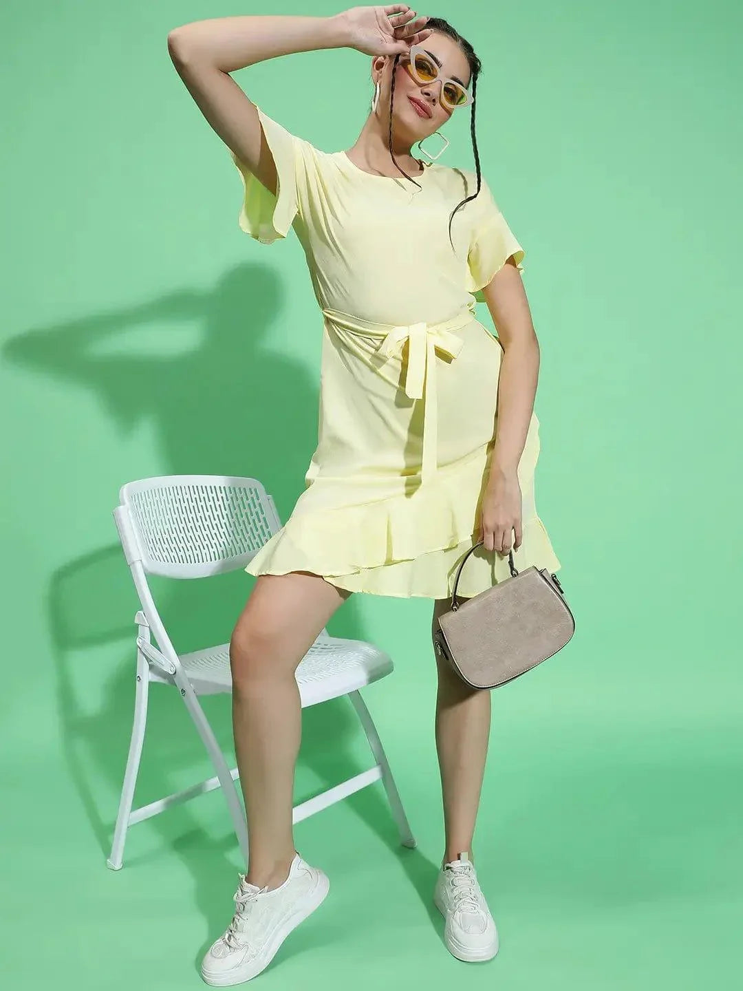 Glowed Yellow Belted and Ruffle Detail Women Dress - oxolloxo
