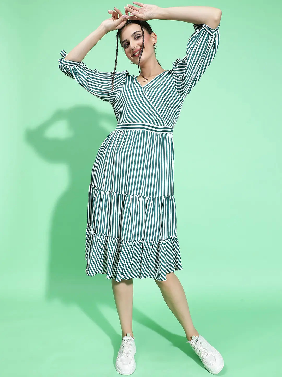 All Green Stripe Print Women Knee Length women Dress