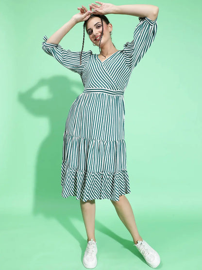 All Green Stripe Print Women Knee Length women Dress